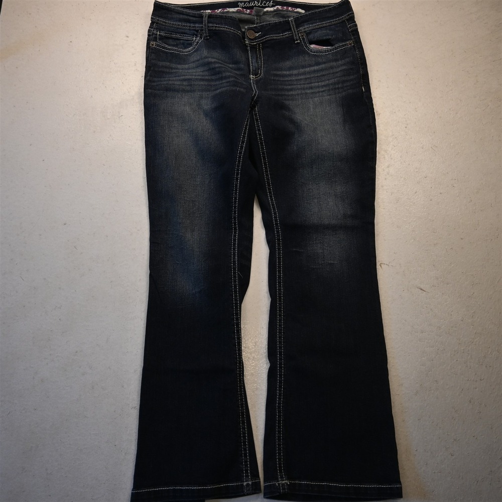 Maurices 20 Mid Rise Flared Dark Wash Stretch Denim Contrast Stitch Womens Jeans